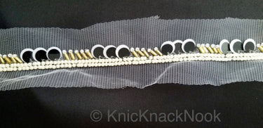 White Net Lace With Black & White Sequins and Beads, Exclusive Laces, Sequinned Trimming